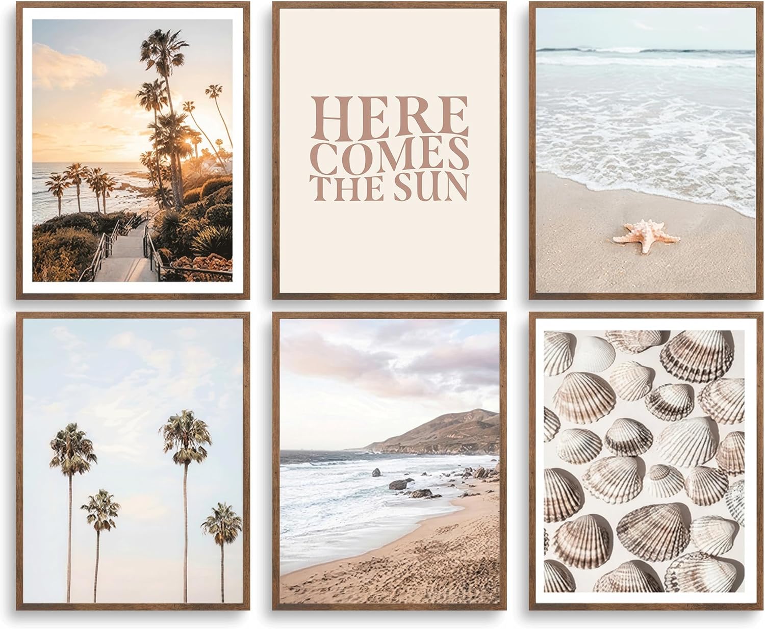 BZTPI Boho Coastal Wall Art Beach Palm Tree Seashell Posters, 8''x10'' | 6Pcs, Here Comes the Sun, Neutral Ocean Themed, Bedroom Dorm Apartment Decor, Unframed