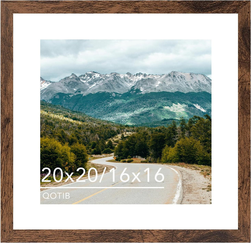 Wood 20x20 Picture Frame with 16x16 Mat Deep Brown, Display 16x16 with Mat or 20x20  Wall Hanging Display, Deep Brown