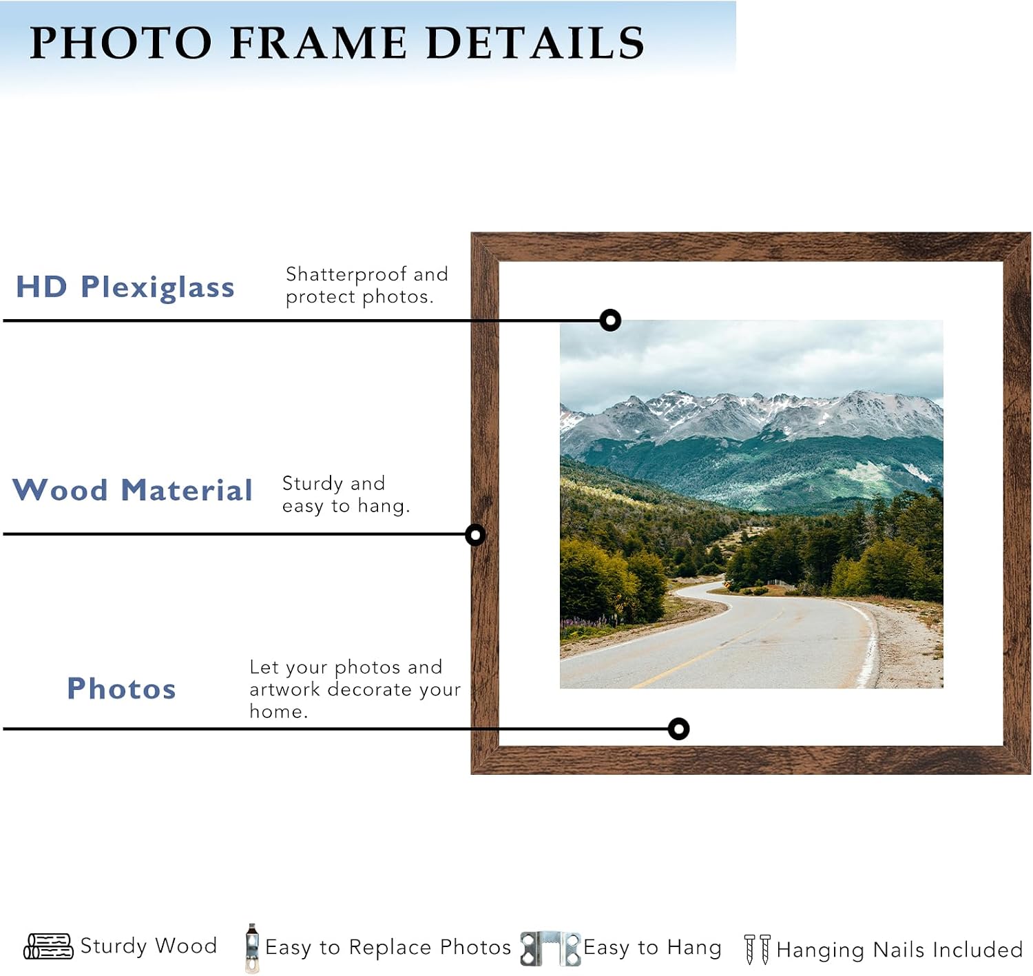 Wood 20x20 Picture Frame with 16x16 Mat Deep Brown, Display 16x16 with Mat or 20x20  Wall Hanging Display, Deep Brown