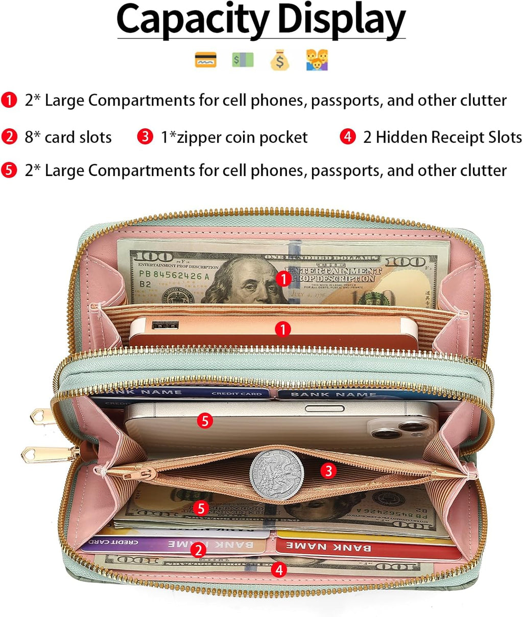 RNIEG Wallets for Women RFI Blocking Leather Women's Wallet Large Capacity Double Zip Wristlet Clutch | Credit Card Holder Ladies Phone Purse