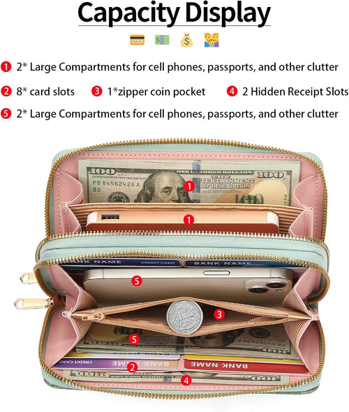 RNIEG Wallets for Women RFI Blocking Leather Women's Wallet Large Capacity Double Zip Wristlet Clutch | Credit Card Holder Ladies Phone Purse