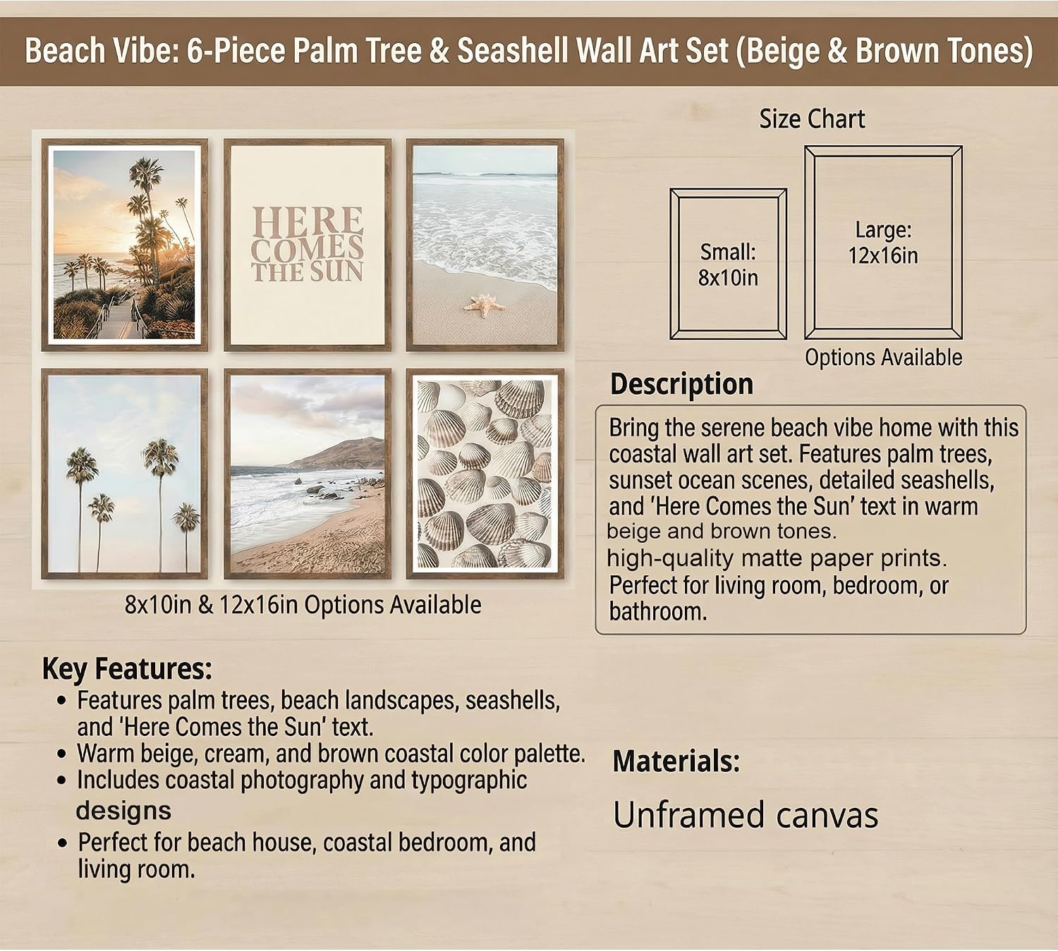 BZTPI Boho Coastal Wall Art Beach Palm Tree Seashell Posters, 8''x10'' | 6Pcs, Here Comes the Sun, Neutral Ocean Themed, Bedroom Dorm Apartment Decor, Unframed