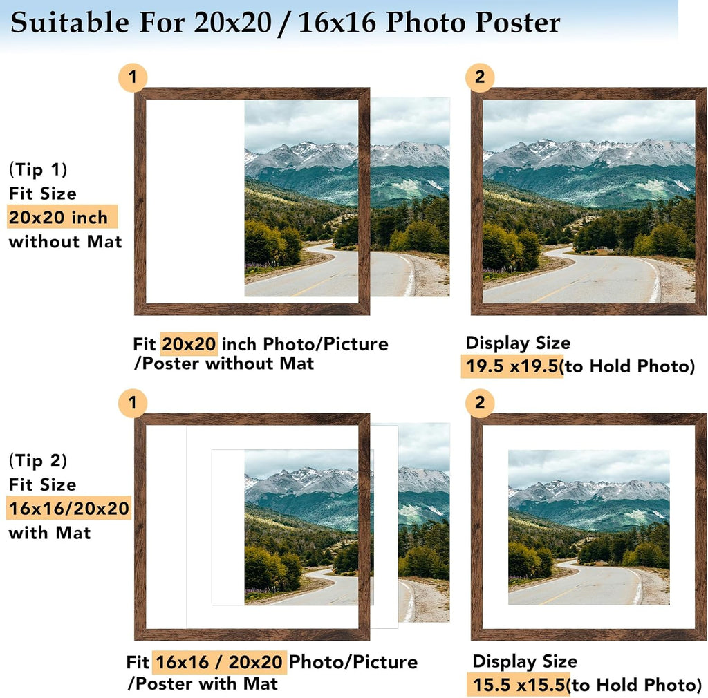 Wood 20x20 Picture Frame with 16x16 Mat Deep Brown, Display 16x16 with Mat or 20x20  Wall Hanging Display, Deep Brown