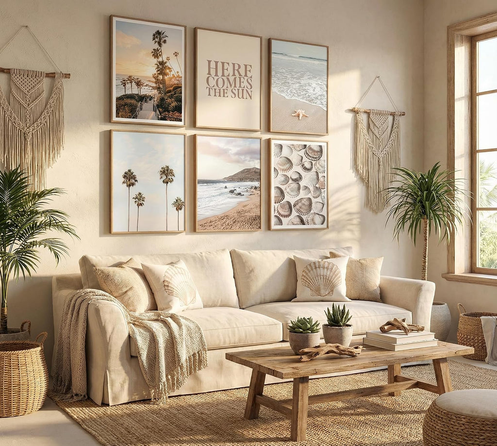 BZTPI Boho Coastal Wall Art Beach Palm Tree Seashell Posters, 8''x10'' | 6Pcs, Here Comes the Sun, Neutral Ocean Themed, Bedroom Dorm Apartment Decor, Unframed