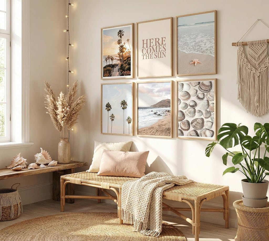 BZTPI Boho Coastal Wall Art Beach Palm Tree Seashell Posters, 8''x10'' | 6Pcs, Here Comes the Sun, Neutral Ocean Themed, Bedroom Dorm Apartment Decor, Unframed