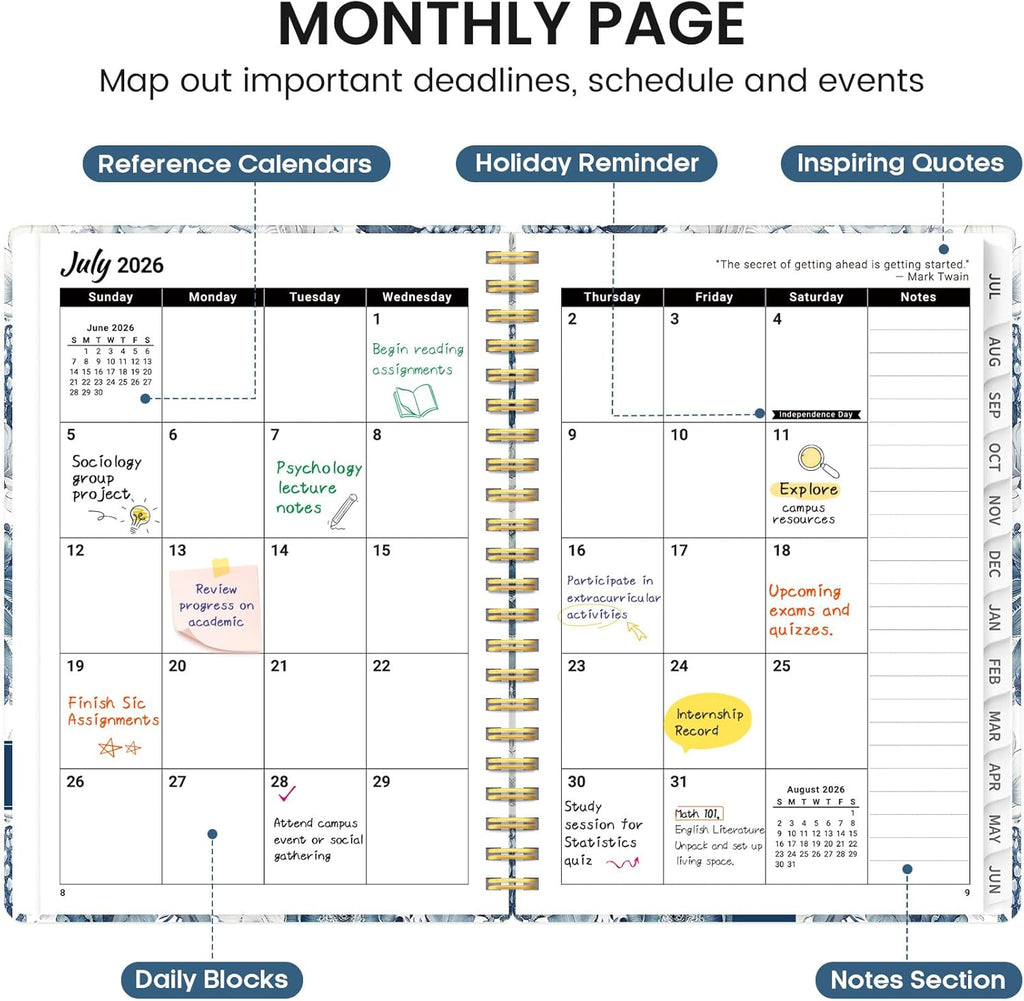 Planner 2026-2027, Academic Monthly and Weekly Calendar Planner for Women, July 2026 - June 2027, Hardcover Pretty Agenda Planner Book with Tabs, Spiral Daily Organizer for School Office Home Supplies, 8.5" x 11" - Blue Floral