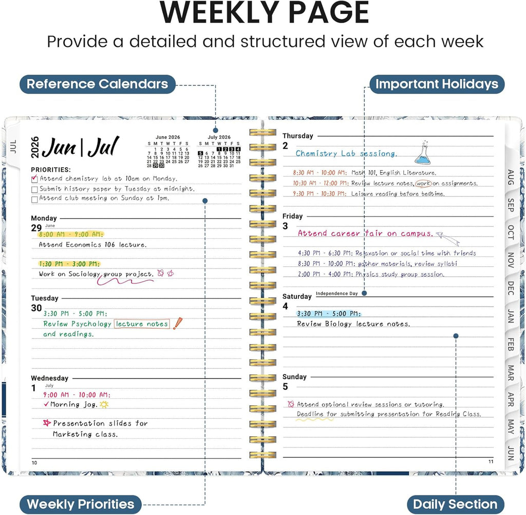 Planner 2026-2027, Academic Monthly and Weekly Calendar Planner for Women, July 2026 - June 2027, Hardcover Pretty Agenda Planner Book with Tabs, Spiral Daily Organizer for School Office Home Supplies, 8.5" x 11" - Blue Floral