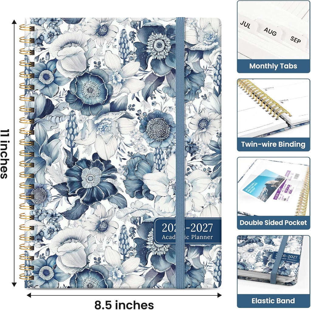 Planner 2026-2027, Academic Monthly and Weekly Calendar Planner for Women, July 2026 - June 2027, Hardcover Pretty Agenda Planner Book with Tabs, Spiral Daily Organizer for School Office Home Supplies, 8.5" x 11" - Blue Floral