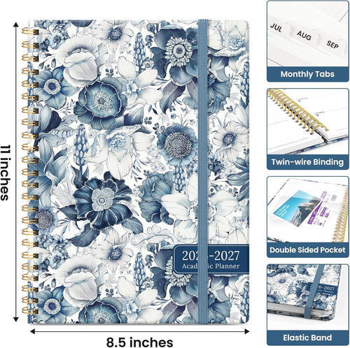 Planner 2026-2027, Academic Monthly and Weekly Calendar Planner for Women, July 2026 - June 2027, Hardcover Pretty Agenda Planner Book with Tabs, Spiral Daily Organizer for School Office Home Supplies, 8.5" x 11" - Blue Floral